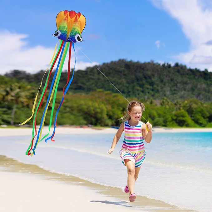 Xida Octopus Kite for Kids Ages 4-8, Professional Kites for Beginners and Adults, Easy to Fly Beach Kites for Boys and Girls, Long Colorful Tail with 200ft Line, Large Kite for Outdoor Family Games