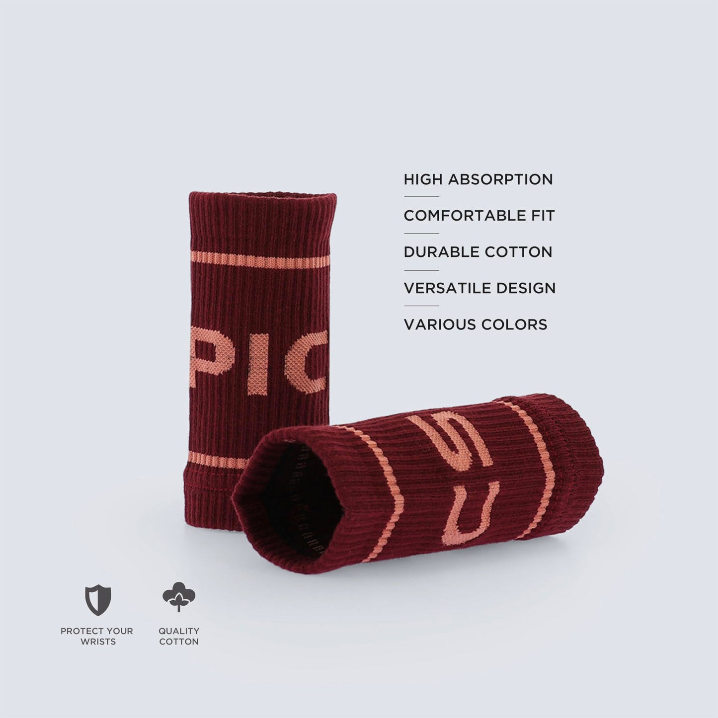 PICSIL - Cotton Sports Wristbands | Absorbent and Breathable | Ideal for Gym, Cross Training, Running and Tennis | Use with Grips | Unisex Design | Burgundy