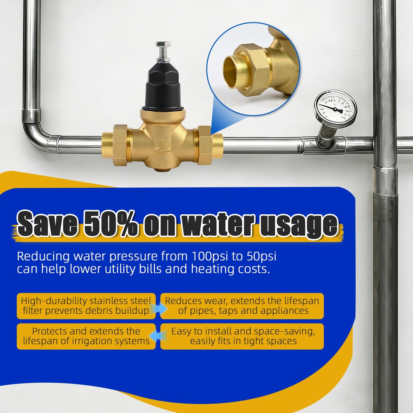 1-NR3XLDU 1" NR3XLDU Water Pressure Reducing Valve, 1" NR3XL with Double Union FNPT Connection,1 Inch NR3XLDU 15-75 PSI, Built-In Stainless Steel Strainer for Home, Commercial, Plumbing Applications