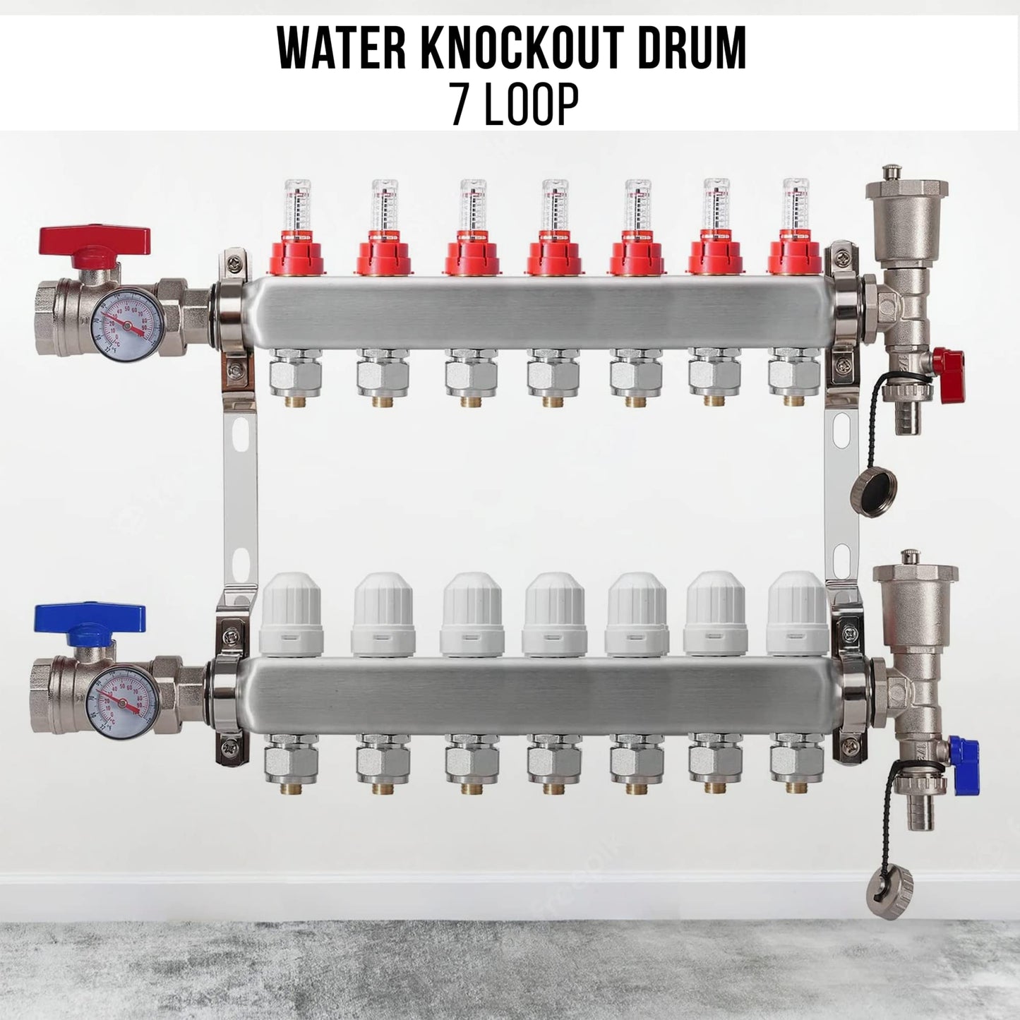 7 Loop PEX Plumbing Manifold - Stainless Steel Radiant Floor Heating Manifold - PEX Tubing Manifold With 2 Wire Actuators (1/2" PEX Adapters included)