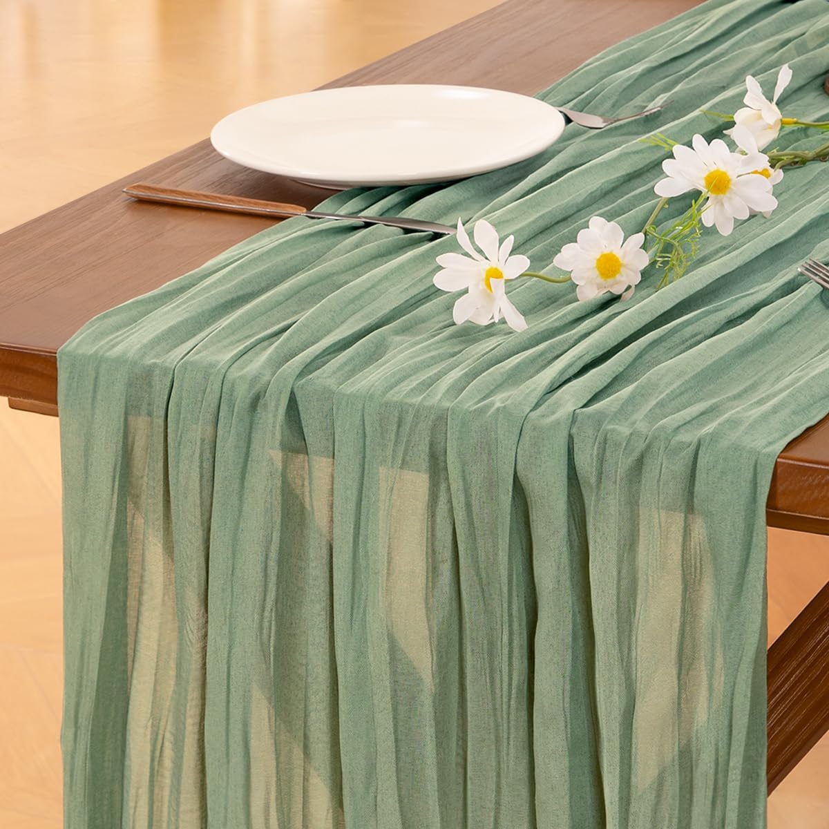 Socomi Cheesecloth Table Runner - Sage Green 120-Inch Boho Rustic Decor for Weddings & Events