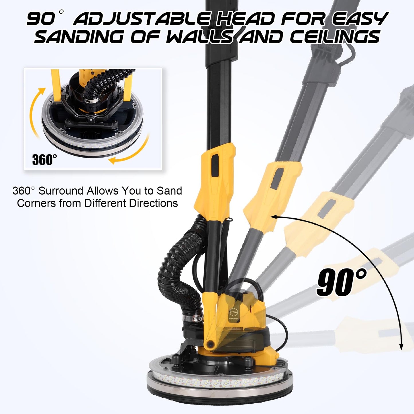 Gyfent Brushless Drywall Sander, 1200W 10-Amp Popcorn Ceiling Removal Tool with 800-2200RPM 8 Variable Speed 12pcs Sanding Discs Drywall Sander with Vacuum Dust Collector LED Light for Ceiling Sanding