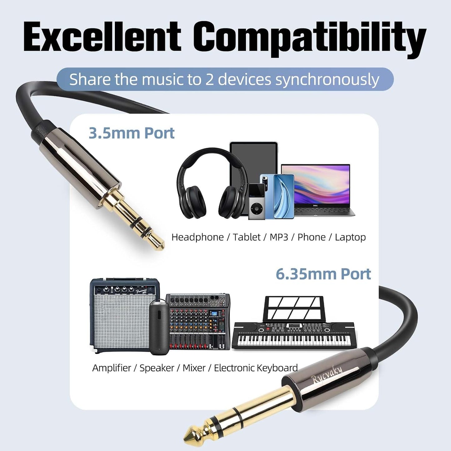 rycvaky 3.5mm 6.35mm 1/4" 1/8" Connectors(35ft/1pk) to Auxiliary Audio Cable, Male to Male TRS Stereo Audio Cable