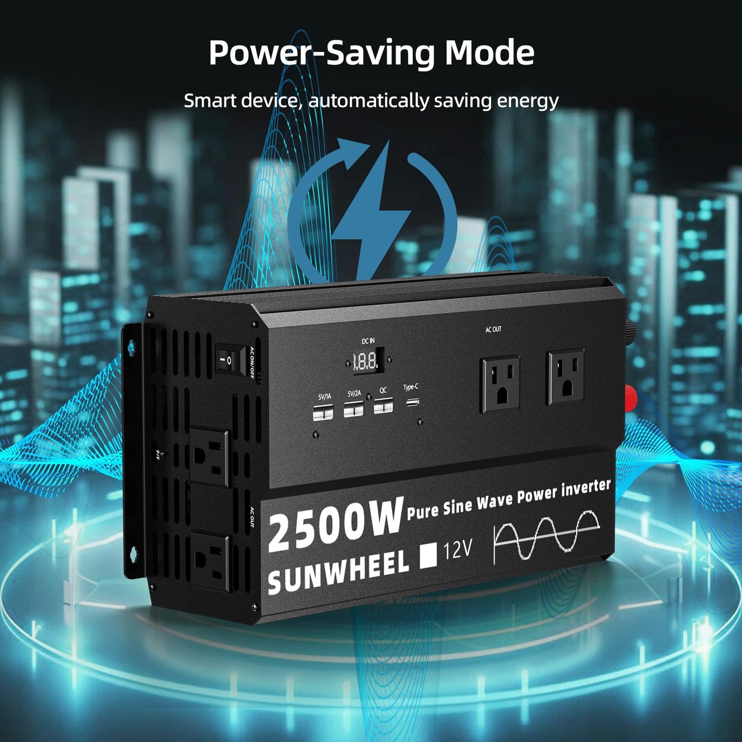 SUNWHEEL 2500W Pure Sine Wave Inverter, 12V DC to 110V/120V AC Power Inverter for RV、Off Grid、Refrigerator with 4 AC outlets and LCD Display