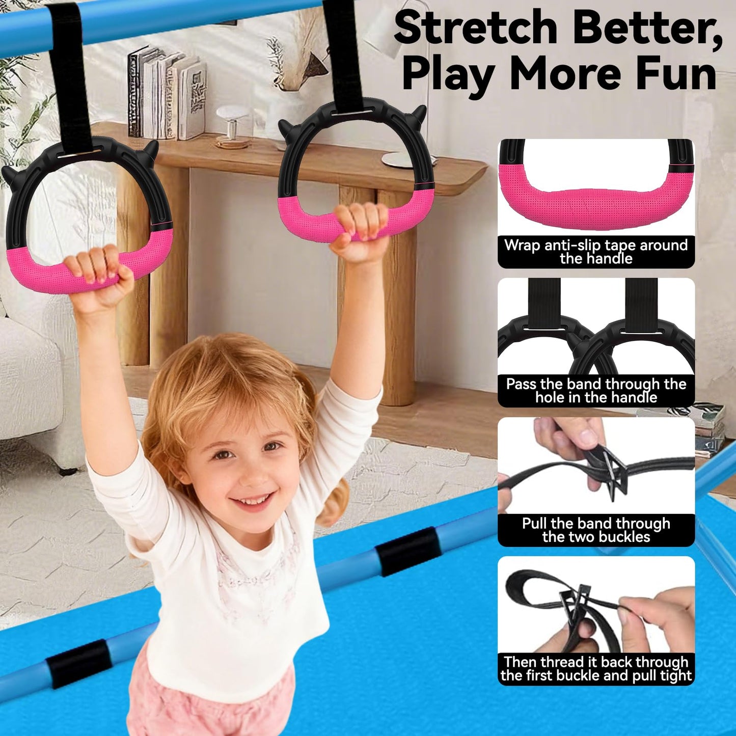 WATBKHE Gymnastics Bar for Kids Adjustable & Foldable Training Kip Bar with Rings, Sturdy Horizontal Bar for Boys & Girls, Expandable Gymnastics Equipment for Home Practice Blue
