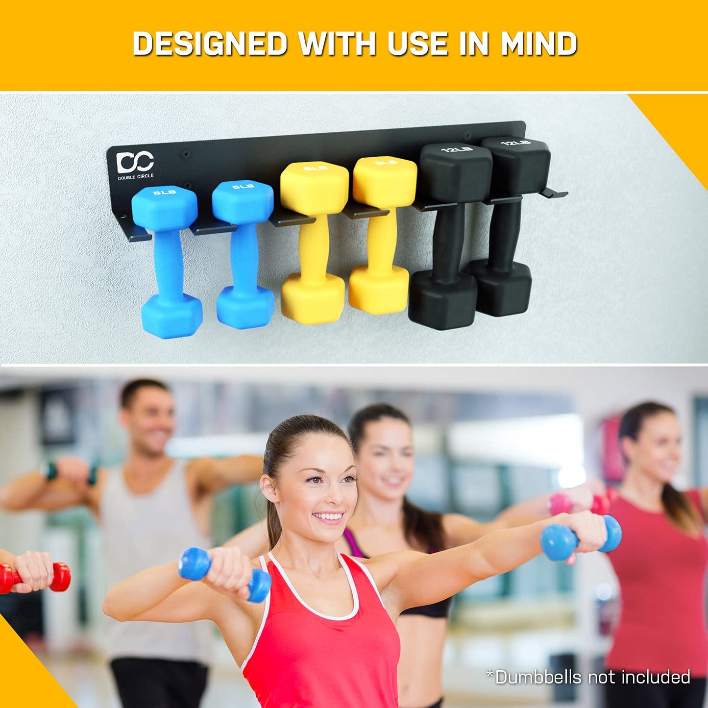 Double Circle Dumbbells Rack Home Gym Storage (Rack Only), 6-Slot Free Weight Holder, Heavy-Duty Wall-Mounted Steel Stand for Strength Training Equipment, 2 Carabiners and Mounting Hardware
