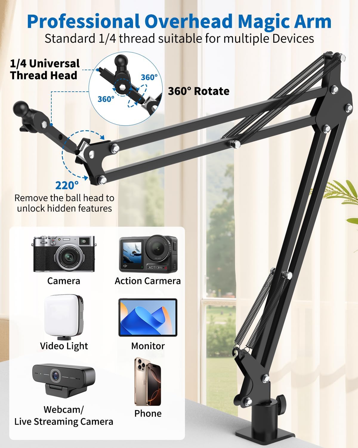 LILANZo 1/4" Overhead Camera Phone Mount, Desk Phone Stand for Recording, Phone Holder for Bed with Phone/Tablet/Mic