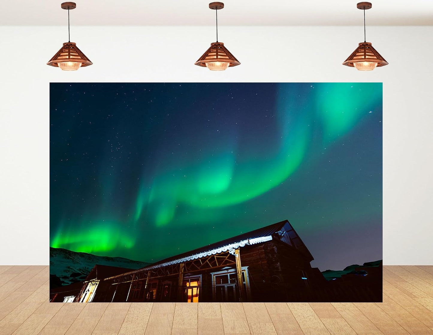 KeyWork 9x9ft Green Northern Lights Cabin Backdrop Arctic Night Sky Scene Photography Background for Winter Event Home
