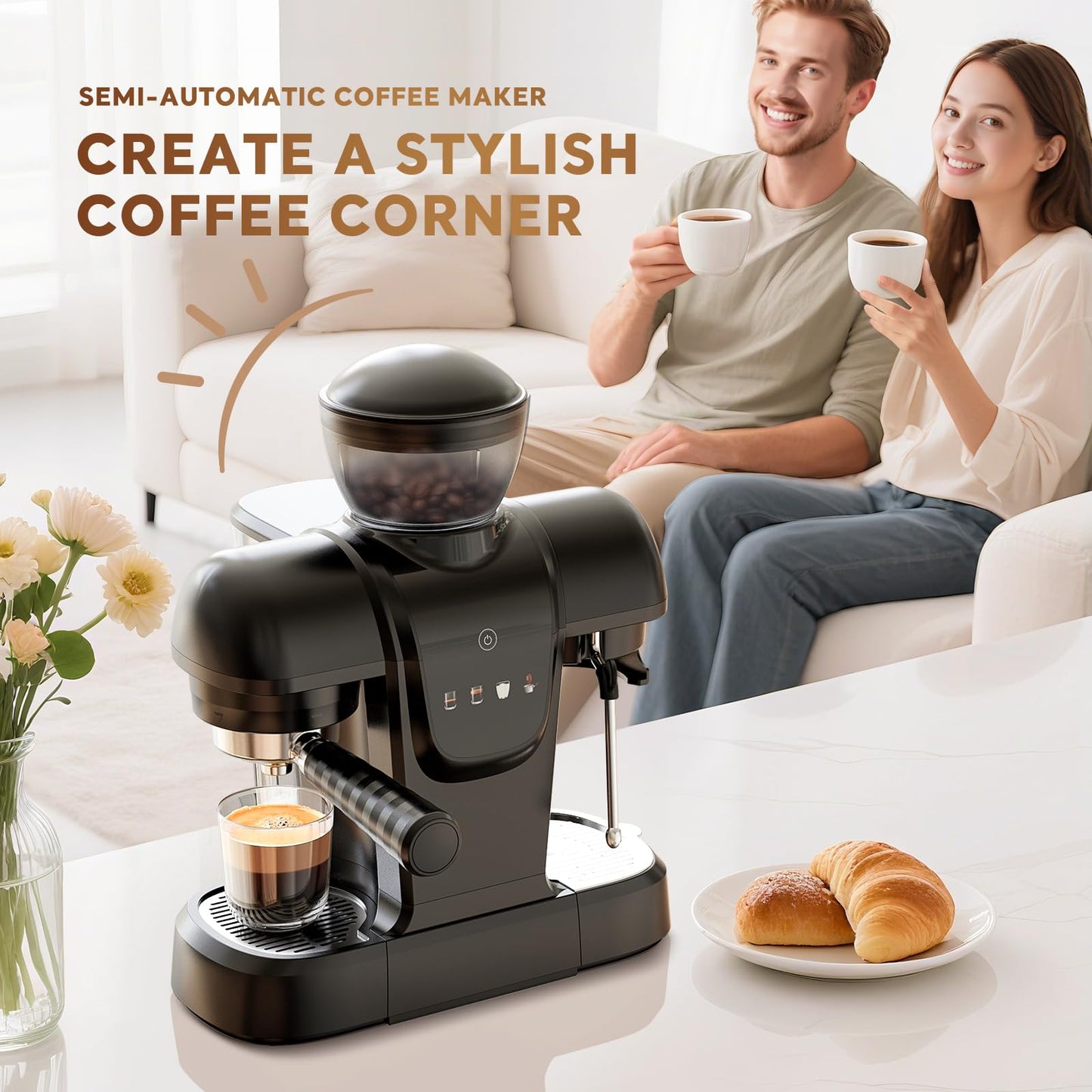 20 Bar Espresso Machine with Grinder & Steam Wand - Semi Automatic Coffee Maker, NTC Intelligent Temp Control, 58mm Stainless Steel Portafilter, One-Touch Panel for Home Barista (Removable Water Tank)