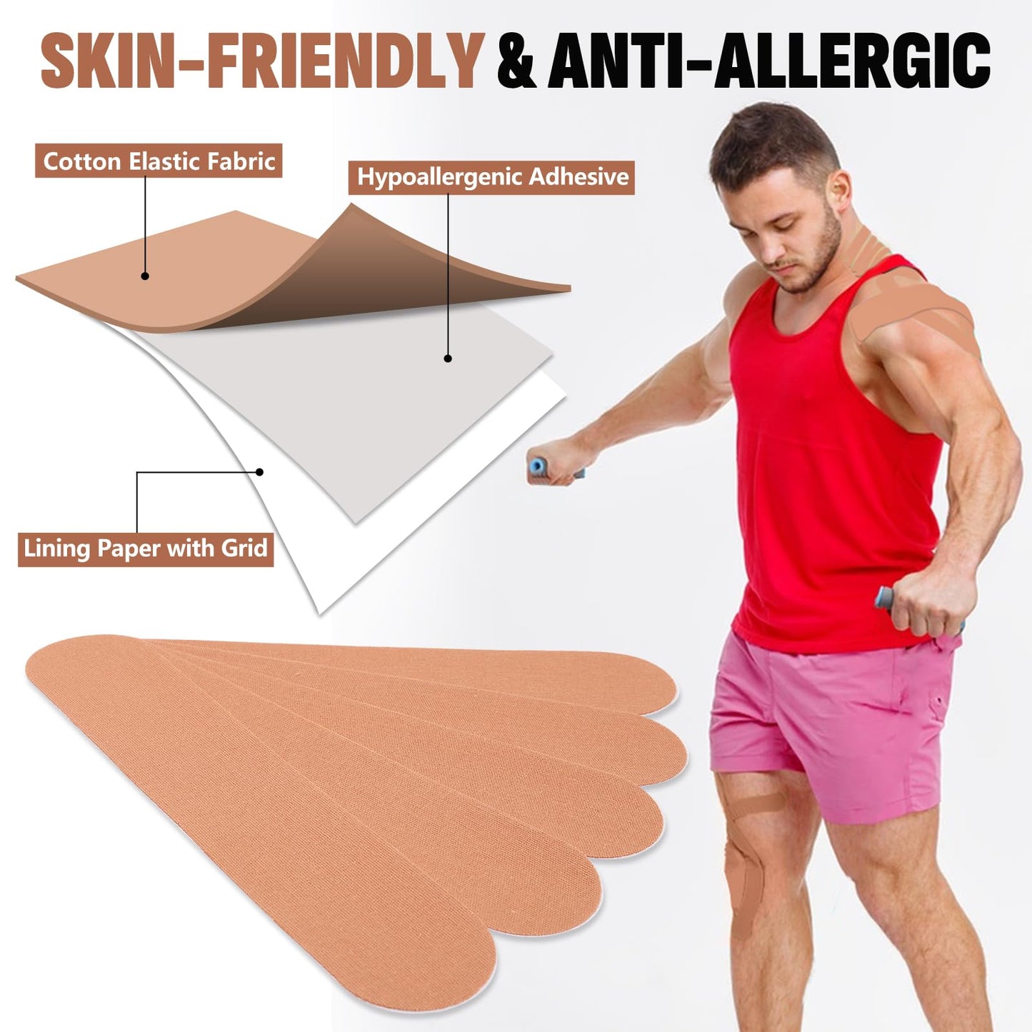 40PCS Precut Kinesiology Tape Strips, 2 inch x 10 inch Athletic Tape, Kinetic Tape, Elastic Muscle Tape, Sports Tape, Knee Tape for Exercise and Daily Use - Skin Color