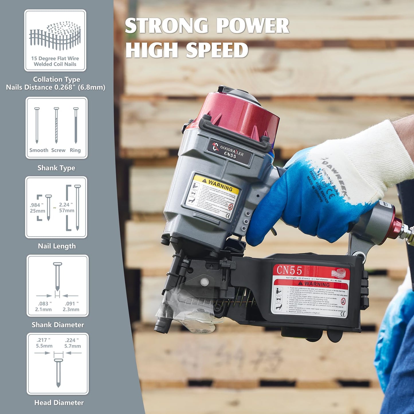 Goodnailer CN55 Siding Nailer 15 Degree 1 Inch To 2-1/4-Inch Coil Siding Nailer Fast Shooting for Wooden Pallet Packing Wood Fencing