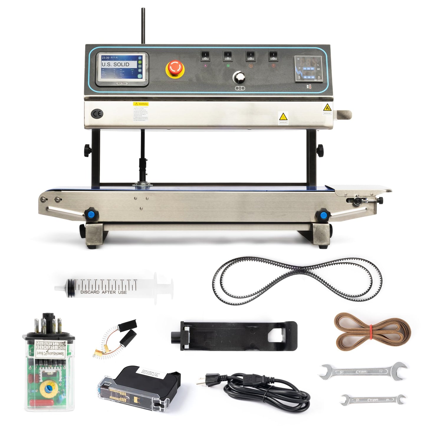 U.S. Solid Continuous Band Sealer with Inkjet Printer, Automatic Vertical Bag Sealing Machine, 0.39" Sealing Width, 0-16 m/min, 0-572°F, for PVC/Mylar Commercial Industrial Packaging