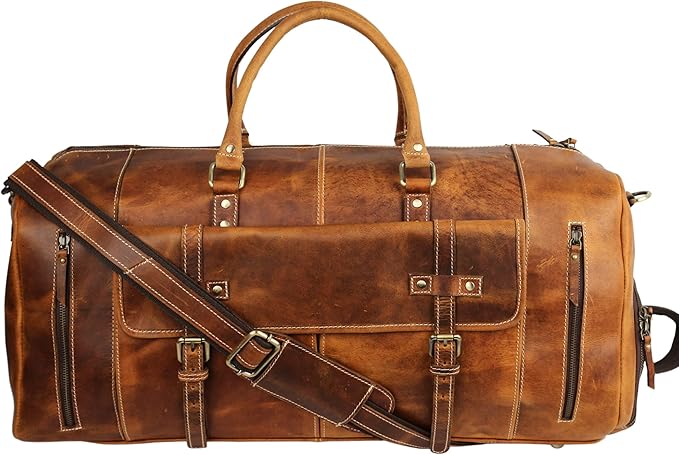 KomalC 24 Inch Leather Duffel Bags for Men and Women Full Grain Leather Travel Overnight Weekend Leather Bags Sports Gym Duffle for Men (Tan with Shoe pocket)