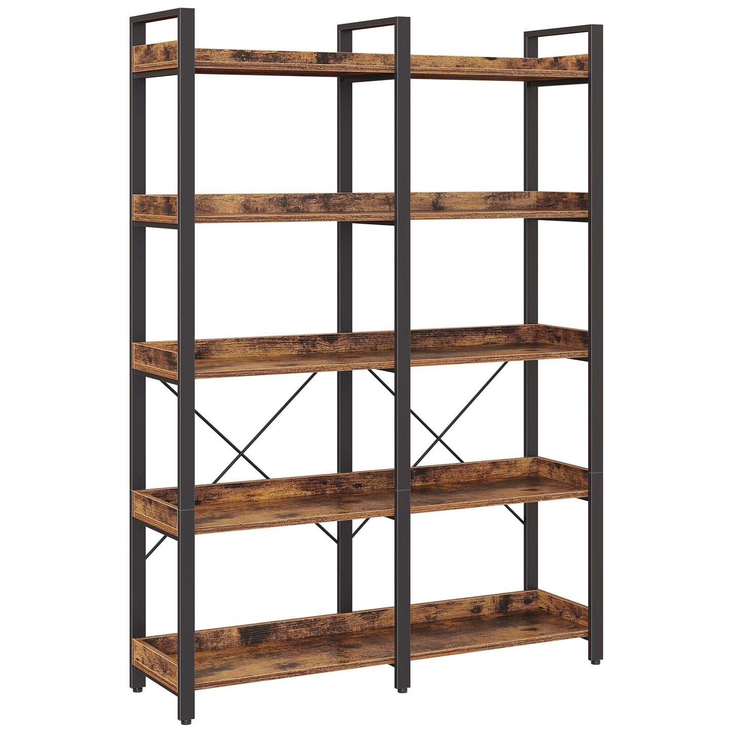 Seventable Bookshelf 5 Tier with 4 Hooks, 63” Industrial Wooden Bookcase, Vintage Storage Rack with Open Shelves, Rustic Standing Bookshelves Metal Frame 43.3” Wide Display Rack, Rustic Brown