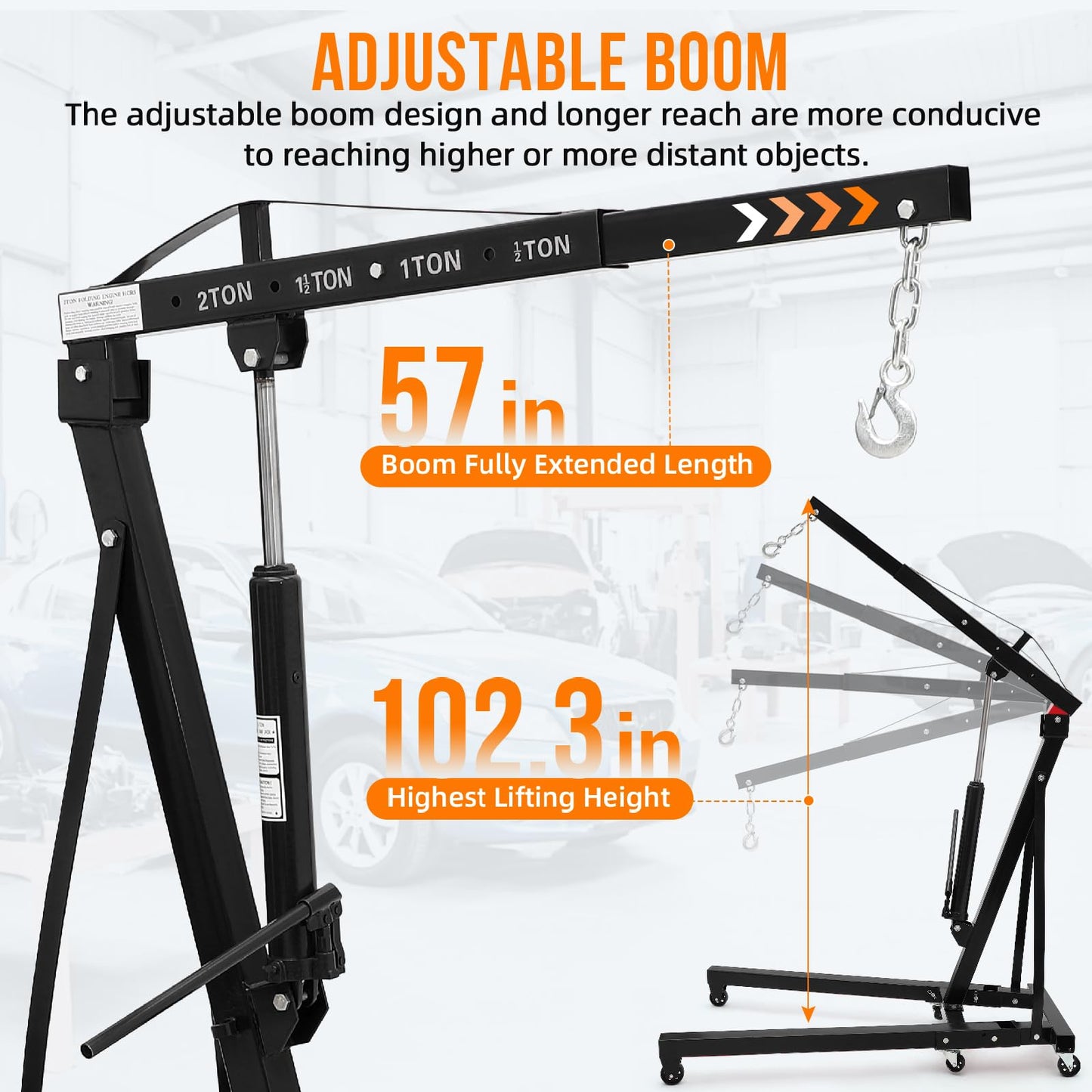 Garvee 2 Ton Engine Hoist, Hydraulic Cherry Picker Engine Crane, Heavy Duty Folding Shop Crane with 6 Casters, Engine Lift for Garage, Workshop, Black
