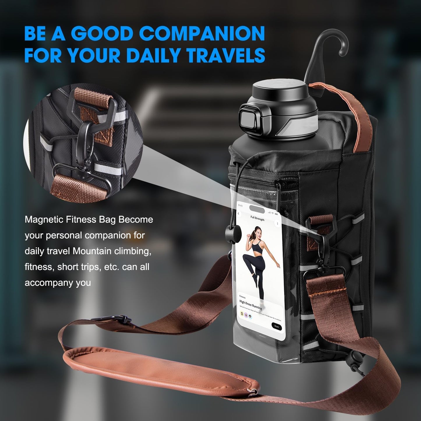 Nodfens Magnetic Gym Bag for Men and Women, Upgraded Small Gym Bag with Hook and Clear Design Phone, Magnetic Water Bottle Holder with Adjustable Strap