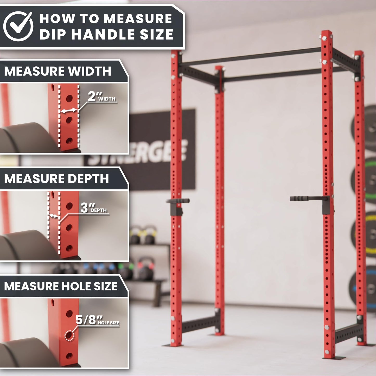 Synergee Dip Handles for 2x3 Power and Squat Racks, Dip Stand Fits Racks with 5/8" Holes. Rack-Mounted Dip Bar Attachment for Dips, Leg Raises, and Knee Tucks.
