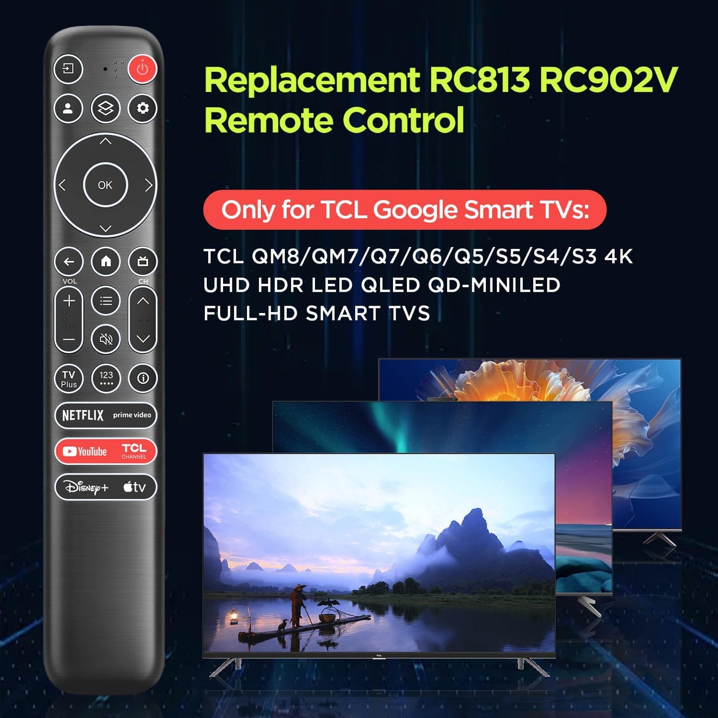 XGBFH 4K Replacement Backlit Remote Control for TCL Google Smart TV, for TCL UHD LED QLED MiniLED Smart TVs (