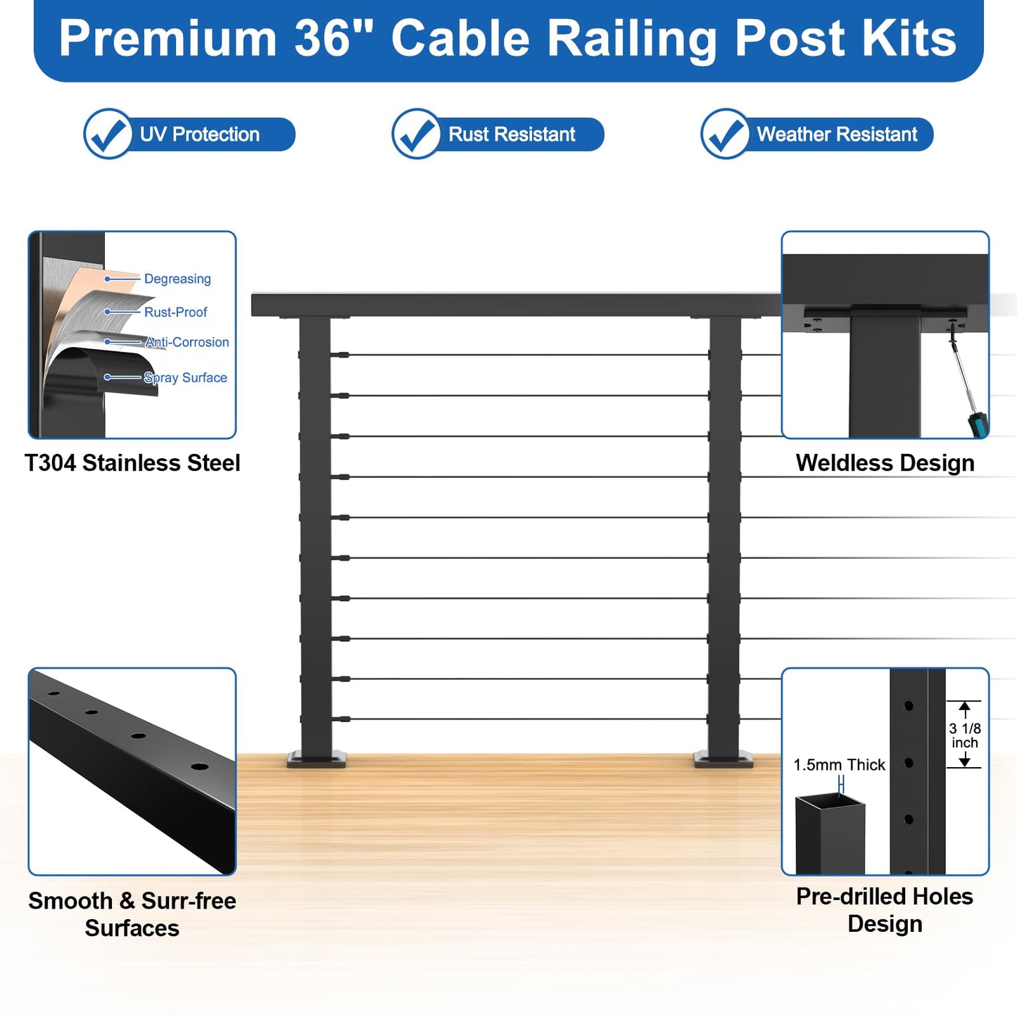 PLANTOP 4.5ft Complete Set 36" Cable Railing Post with Handrail Cuttable, 2 Pack Surface Mount Flact Top Level-Drilled Posts, 150ft 1/8" Wire Rope, Swageless Black Cable Railing System Kit, MY20-LP