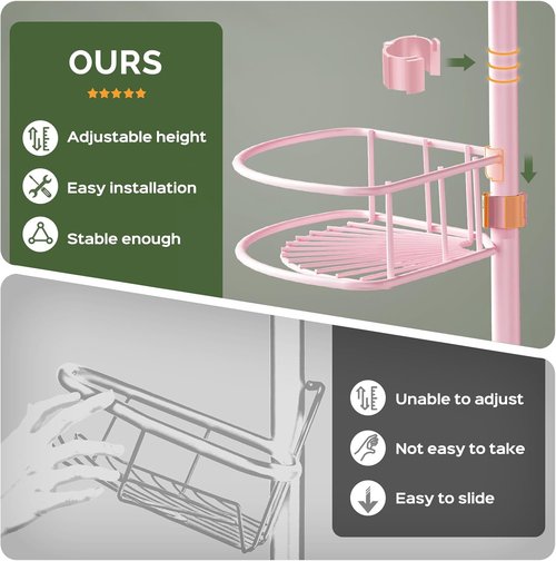 HAMITOR Corner Shower Caddy - 4-Tier Rust-Resistant Bathroom Organizer | Adjustable 47-121 Inch - Quick No-Drill Installation - Space-Saving Pink Shelves