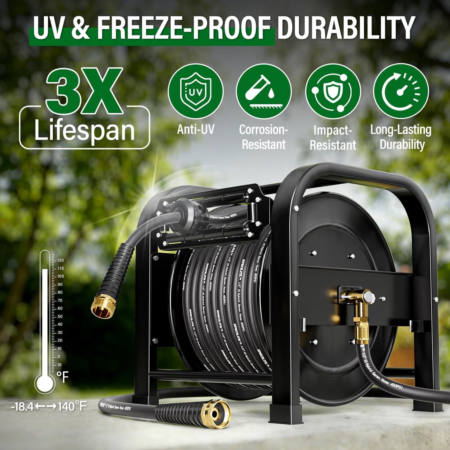 SPECILITE Retractable Hose Reel with 1/2'' x 100FT Garden Water Pipe, 1200 PSI, UV Resistant Heavy Duty Industrial Metal Freestanding Spool, 6' Lead-in, Sprayer Nozzle for Garage, Yard, and Workshop