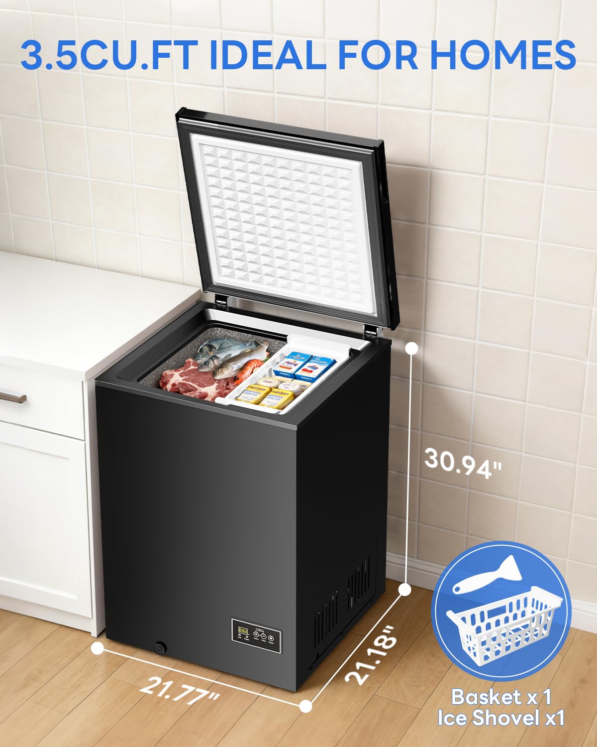 Electactic 3.5 Cu. Ft Chest Freezer, Ultra-Low Temperature (-40°F-12°F), Small Deep Freezer with Removable Basket Free Standing Top open Door Perfect for Home Dorm, Office,Bar, Kitchen Black
