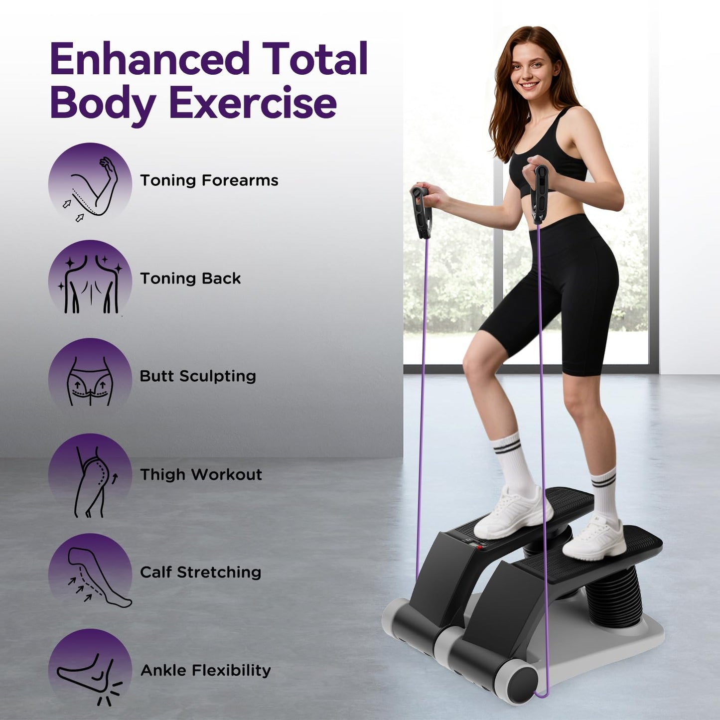 Air Stepper Exercise Machine with Resistance Bands, Stair Stepper with LCD Monitor, Adjustable Resistance Cardio Trainer for Home Workout, Compact Fitness Equipment, 300 lbs Weight Capacity (Gray)