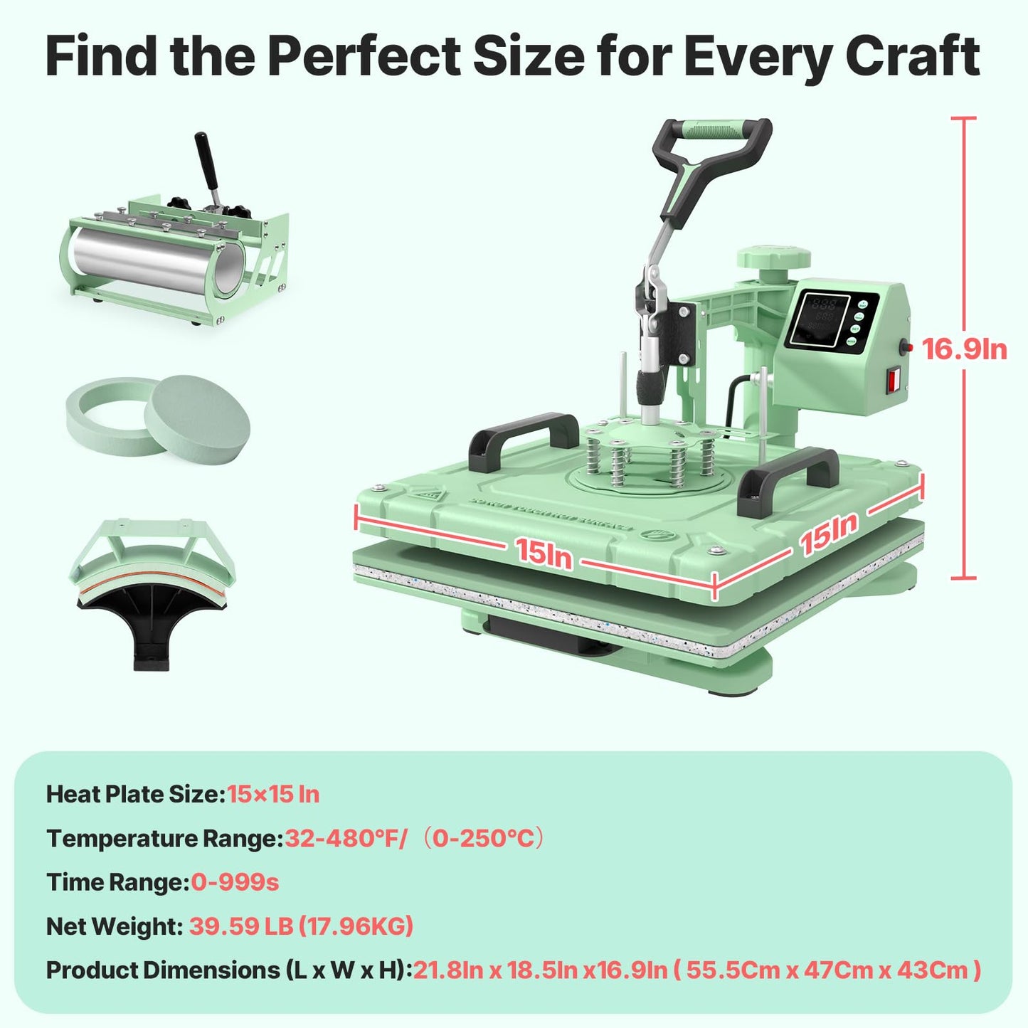 Slendor Heat Press 15x15 Inch 5 in 1 Heat Press Machine 360-Degree Swing Away Digital T Shirt Pressing Machine Multifunction Heat Transfer Sublimation Combo for T Shirts Mugs Hat Plate Cap,Green