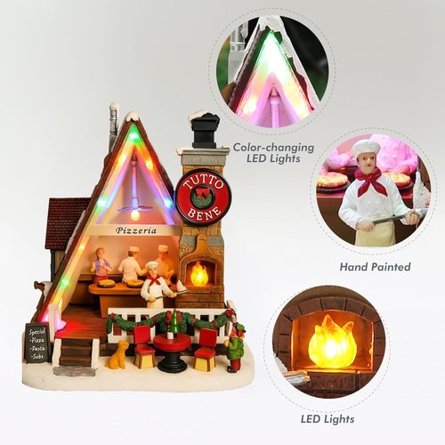 Moments In Time Pizza Shop Scene - Handcrafted LED Musical Pizzeria Holiday Decoration | Battery Operated Tabletop Display