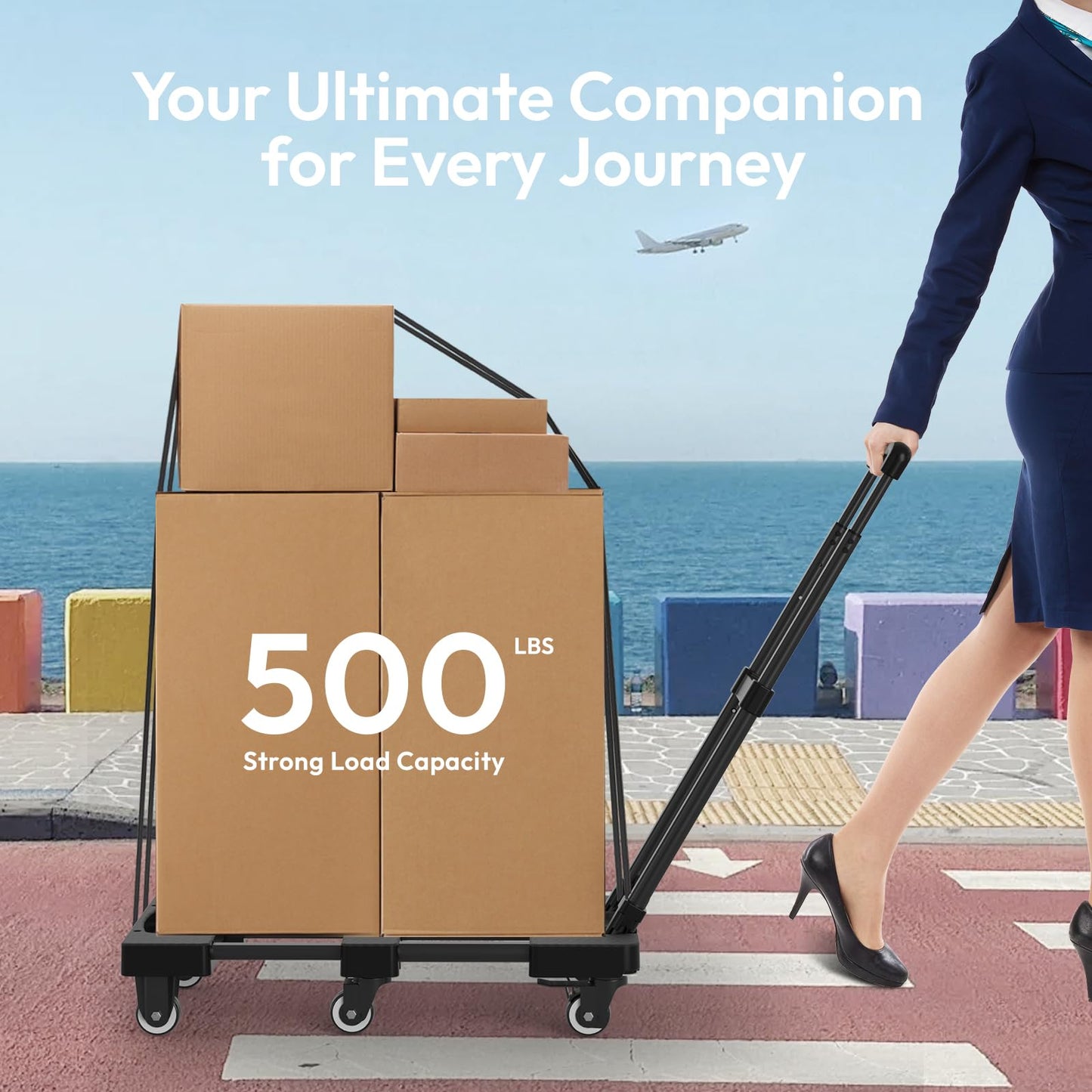 Voipvvii Folding Hand Truck 500lbs, Portable Heavy Duty Dolly Cart, 6 Wheels Collapsible Luggage Cart with 2 Elastic Ropes - Compact Trolley Cart for Easy Moving - Ideal Hand Cart for Travel and More