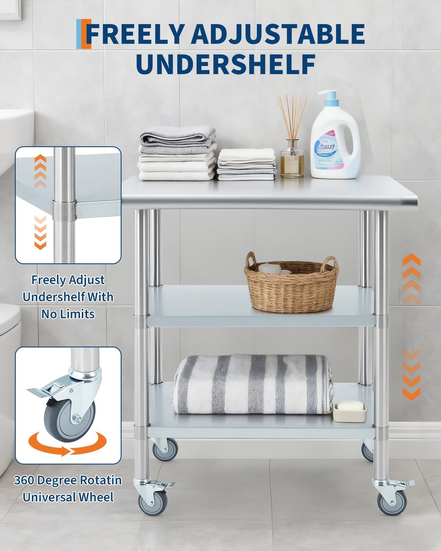 Garvee Stainless Steel Table for Prep & Work, 24x30x34 Inch Commercial Kitchen Worktable with 4 Caster Wheels & 2 Adjustable Under Shelf, Heavy Duty Metal Food Prep Table for Restaurant Garage Outdoor
