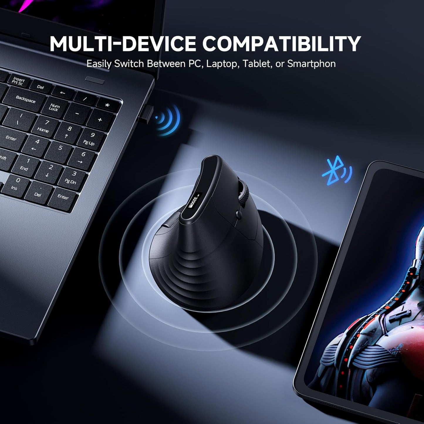 ECHTPower 7-Level 8000, Programmable Ergonomic Vertical Mouse, Wireless Rechargeable Mouse with LED Display, Adjustable