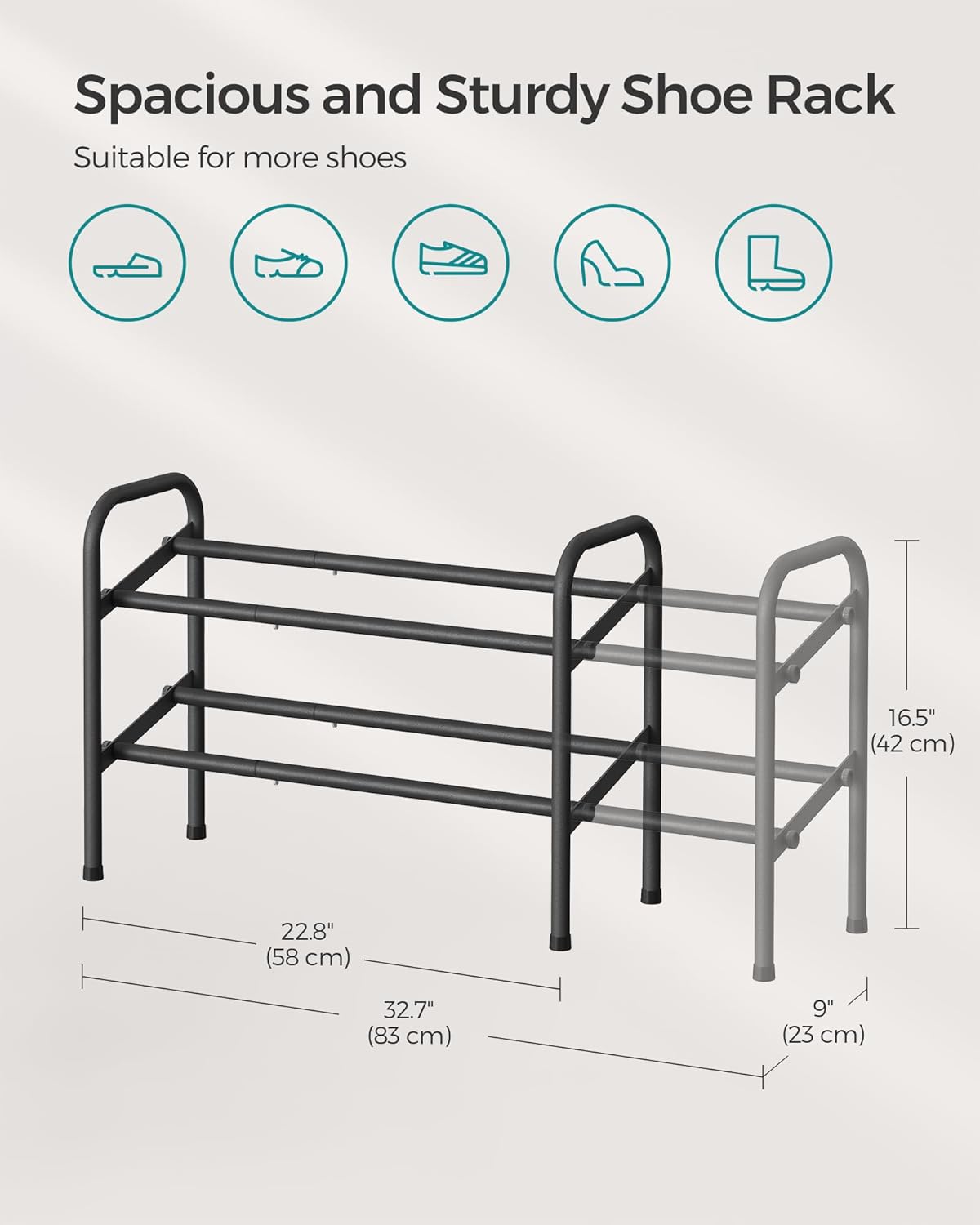 SONGMICS Expandable Shoe Rack - Adjustable 2-Tier Organizer for 15 Pairs - Metal Storage Solution in Ink Black