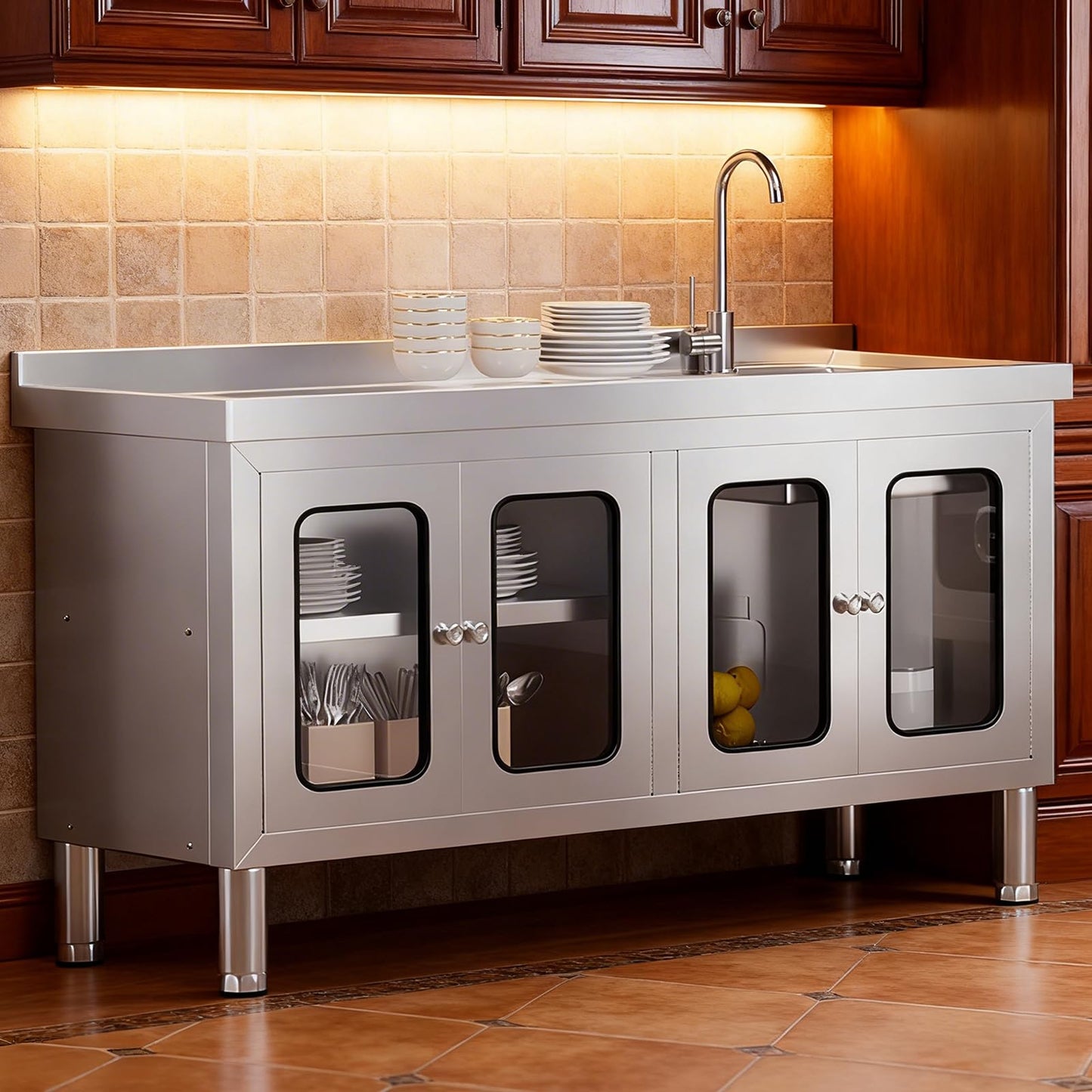 59" Stainless Steel Sink with Cabinet, Utility Sink with 304 Stainless Steel Worktop and 4 Transparent Doors, Commercial Kitchen Sink for Outdoor Restaurant Cafe Garage and Laundry Room