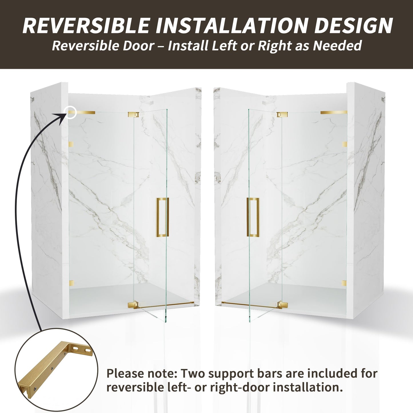 BILVOS 44-48" W x 70" H Frameless Pivot Shower Door, Semi-Frameless Hinged Shower Door with 5/16" (8mm) Clear SGCC Tempered Glass, Brushed Gold Pivot Shower Glass Door, Reversible Installation