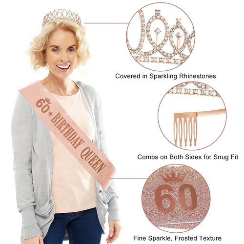 60th Birthday Decorations for Women, Pink Gold Happy 60th Birthday Banner Crown and Sash Balloons Backdrop Hanging Swirls Paper Fans, 60 Years Old Party Supplies Kit 32PCS