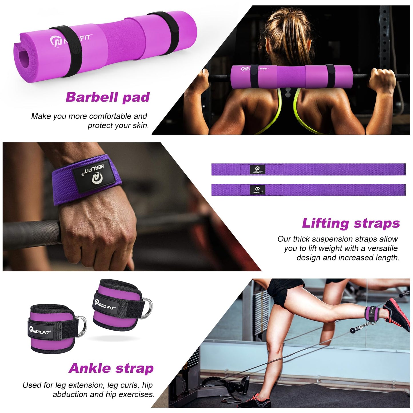 NEALFIT Barbell Pad Set with Lifting Straps & Ankle Straps - Squat Pad for Hip Thrusts, Lunges, Weightlifting - Heavy Duty Strength Training Equipment for Powerlifting, Home Gym (Purple)