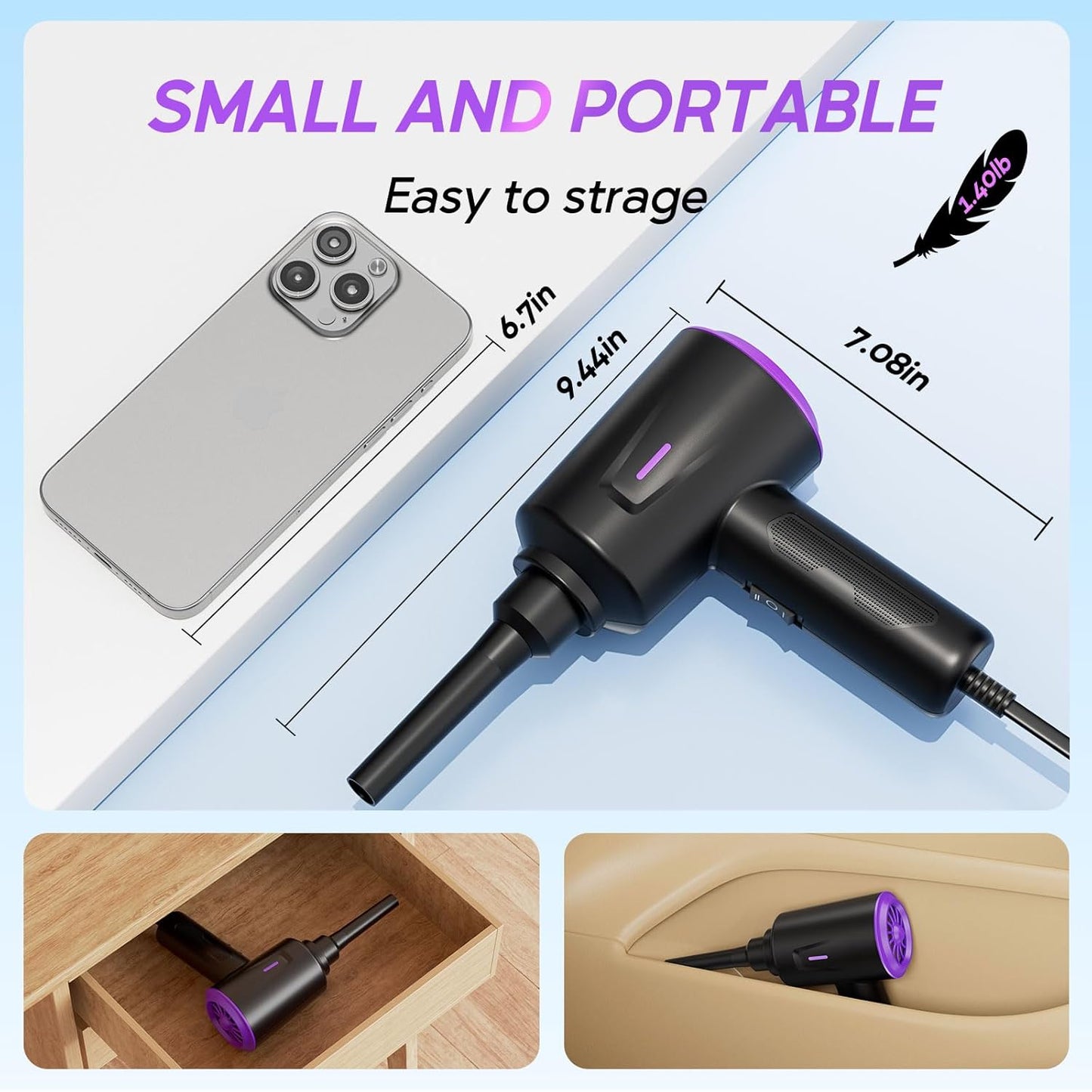 5.74 oz Electric Air Duster - Air Blower - Multi-Use Compressed Air Duster for Keyboard- Computer and PC - Powerful