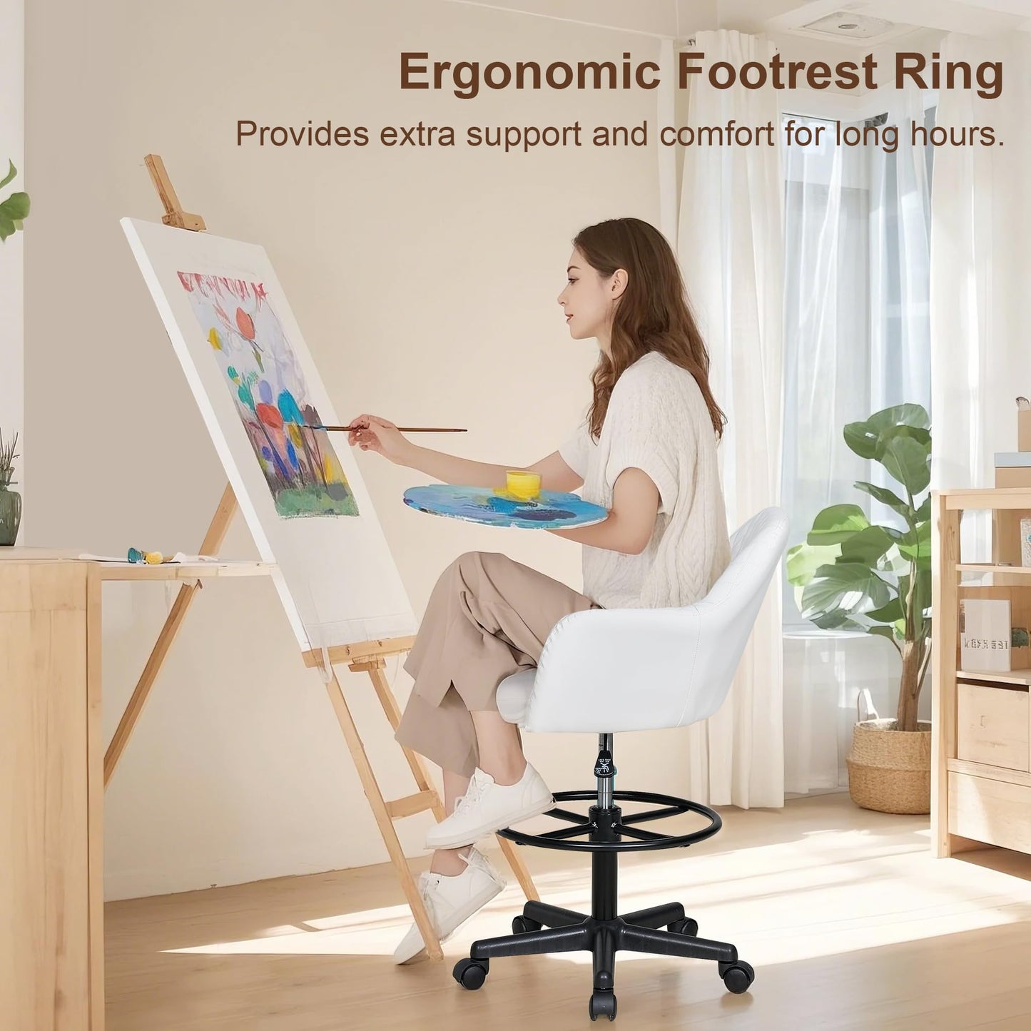 VECELO PU Leather Drafting Chair with Low Back and Footrest Ring, Height Adjustable, Swivel Rolling Wheels, for Drawing/Standing Desk/Office, White