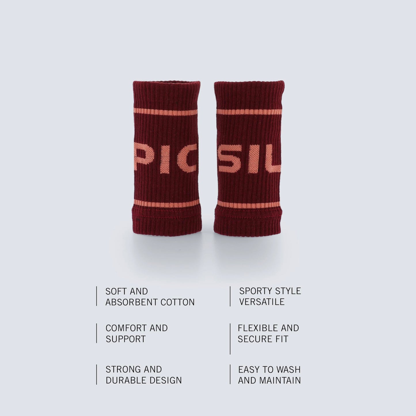 PICSIL - Cotton Sports Wristbands | Absorbent and Breathable | Ideal for Gym, Cross Training, Running and Tennis | Use with Grips | Unisex Design | Burgundy