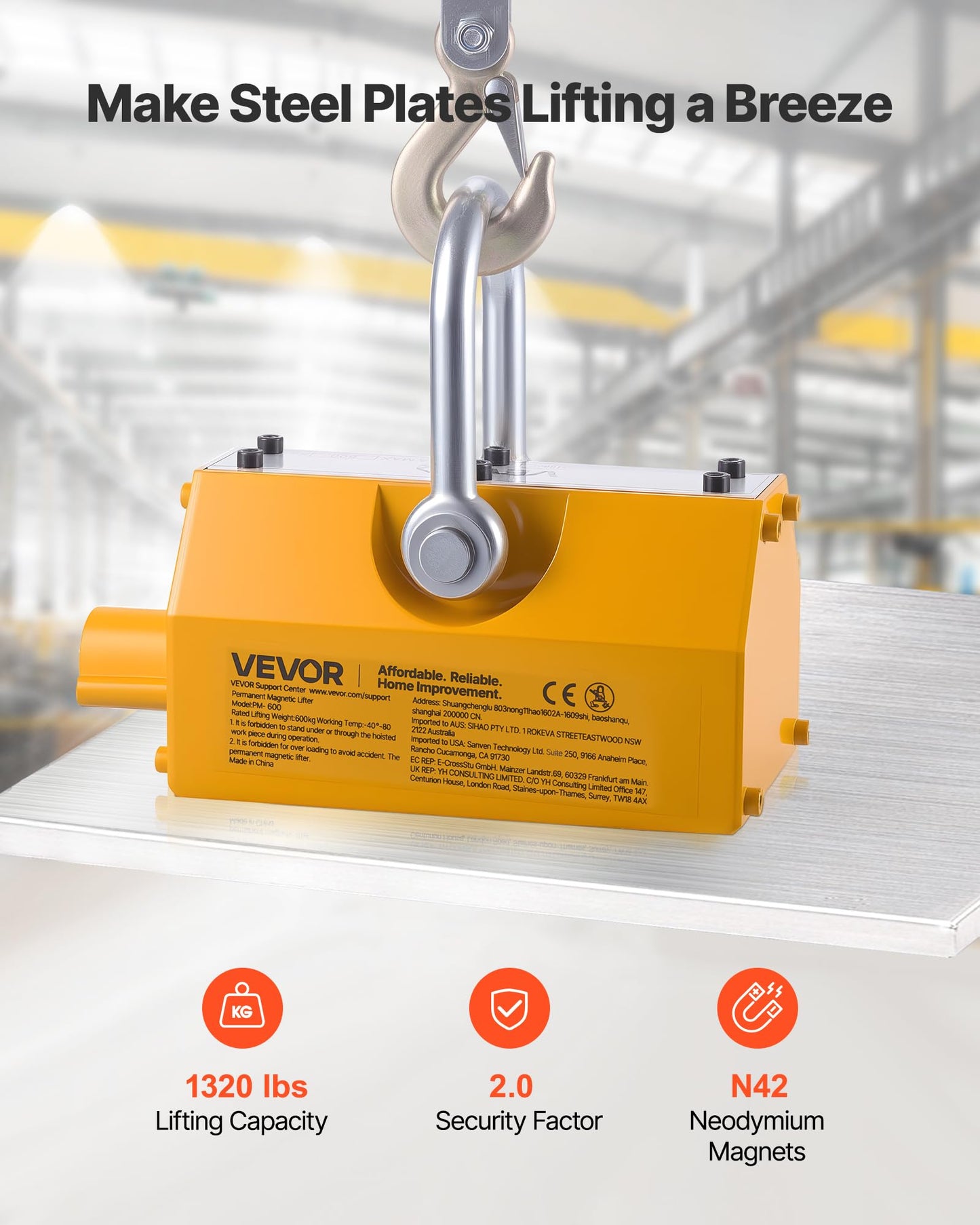 VEVOR Permanent Magnetic Lifter, 1320 lbs Pulling Capacity, Heavy Duty N42 Neodymium Lifting Magnet with Release Handle and Steel Hook, Used in Shop Crane and Hoist, for Lifting Plate Steel, Board