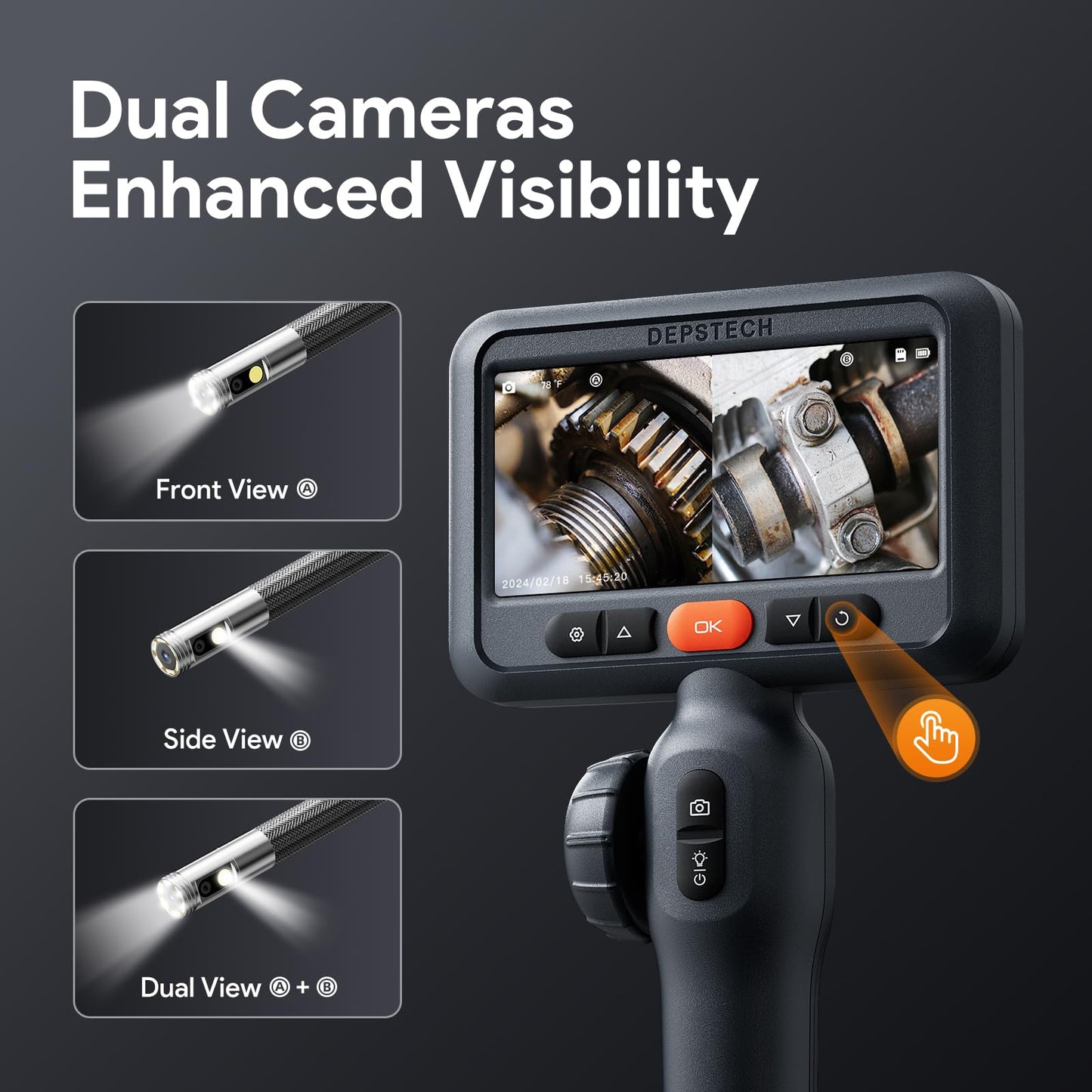DEPSTECH 10FT Articulating Endoscope Camera with Light: Dual Lens Two-Way Articulated Industrial Borescope with 4.5" Screen and Snake Cable, Inspection Camera Automotive Tool for Wall, Pipe, Mechanic