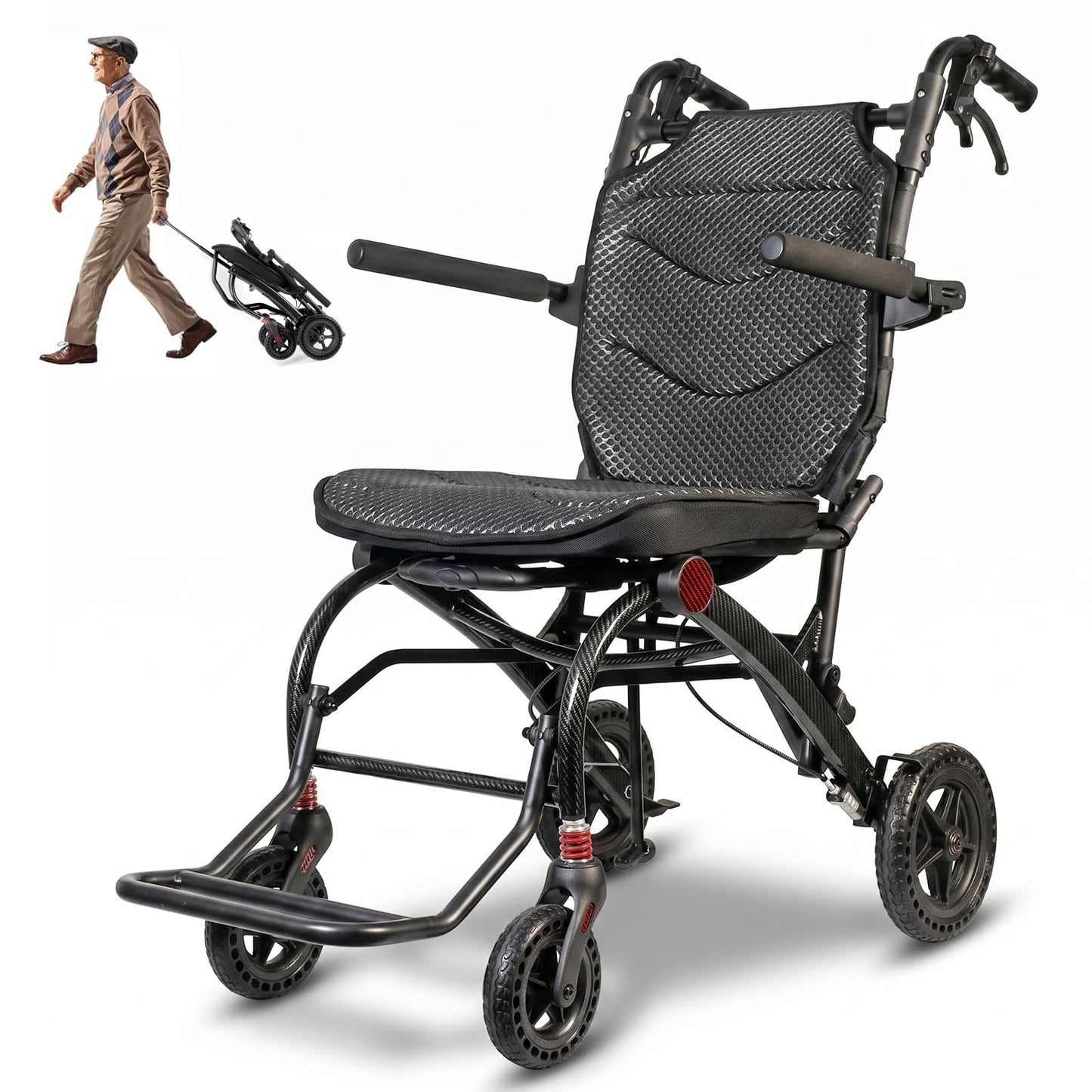 SOFTFISH Wheelchair for Adults with Pull Rod, 1s Foot-fold Transport Wheelchair Lightweight Foldable, Wheelchairs with Flip-Back Armrest & Footrest, Handbrakes, Travel Transport Chair for Seniors