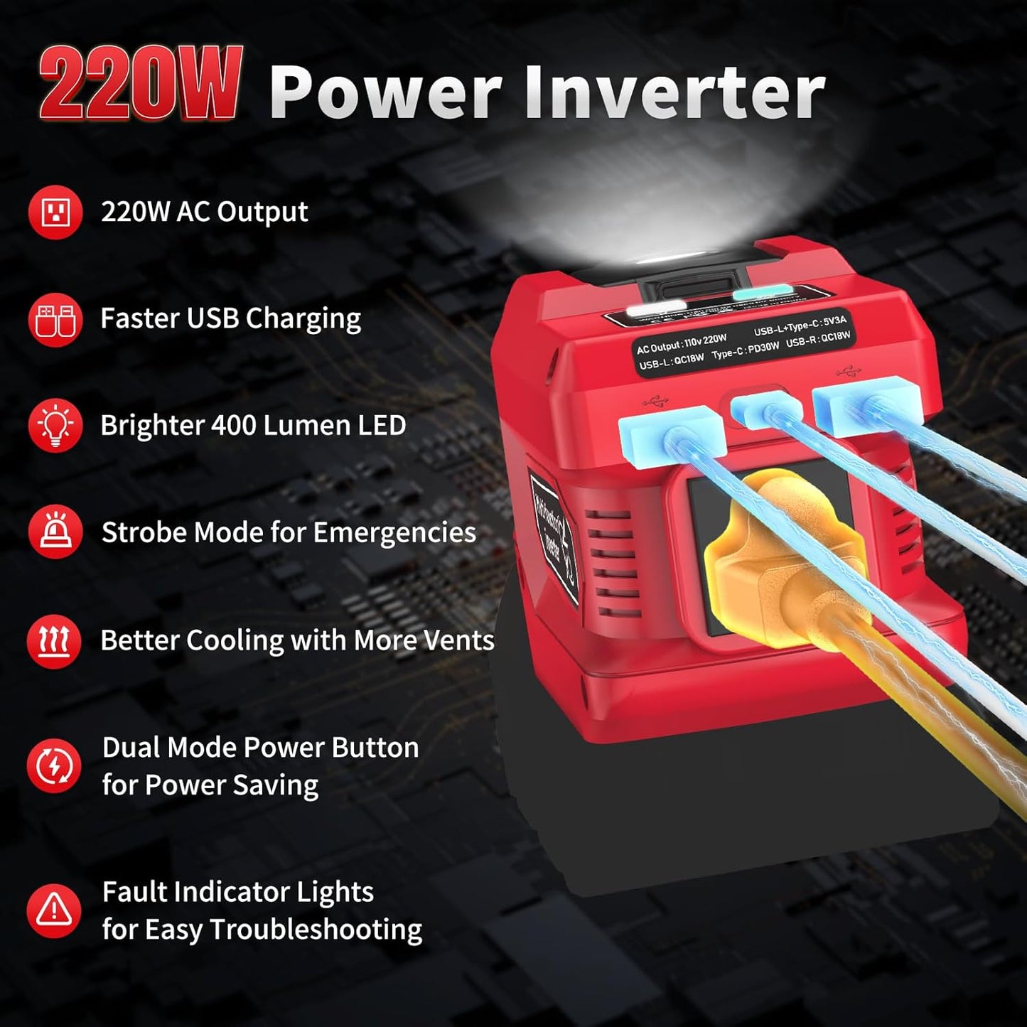 Kzreect 220W 18V 110V 1 400LM Power Inverter Compatible with Milwaukee Batteries (Battery Not Included), DC to AC