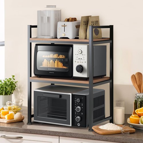 Microwave Stand, Heavy Duty 3 Tier Microwave Shelf for Kitchen Shelving Countertop Organizer. Carbon Steel, Wood Panel, Sturdy and Not Shaking Kitchen Rack That Can Withstand 200 Lbs Weight