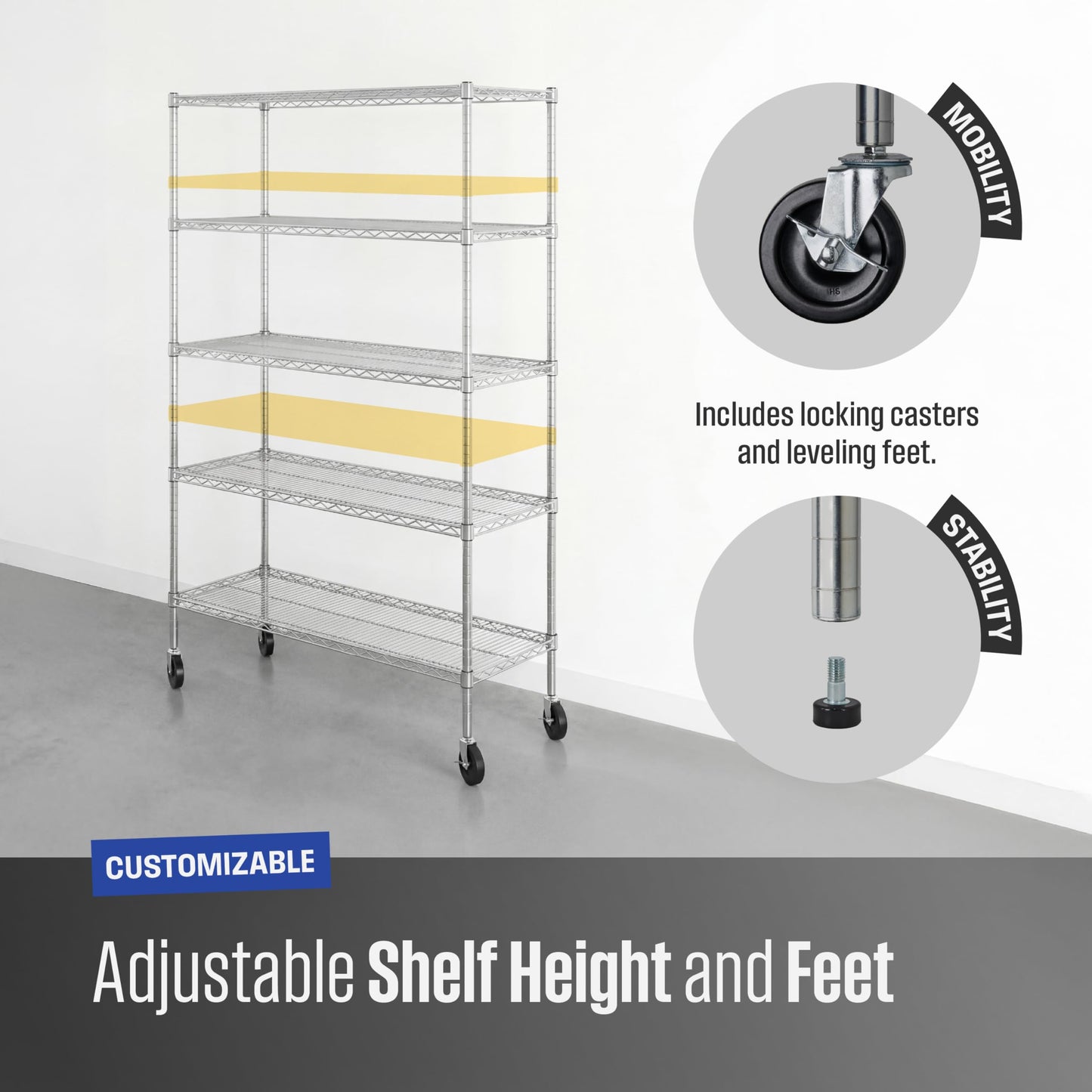 SafeRacks - NSF Certified Storage Shelves, Zinc, Heavy Duty Steel Wire Unit with Wheels and Adjustable Feet, Garage or Bakers Rack, Kitchen, Pantry Shelf - (18"x48"x72" 5-Tier) (Silver)