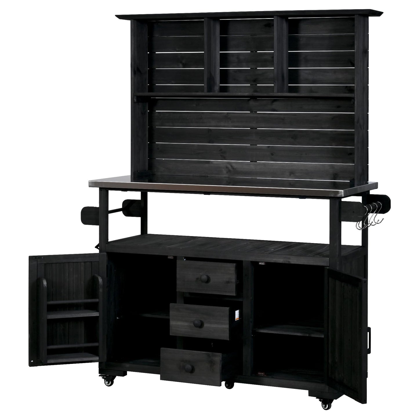 GDFStudio Preden Outdoor Storage Bench Table with Cabinet, Patio Wooden Potting Bench, Garden Storage Work Bench with Stainless Steel Top, Drawers, Cabinets, Shelves and Hooks, Kitchen Island, Black