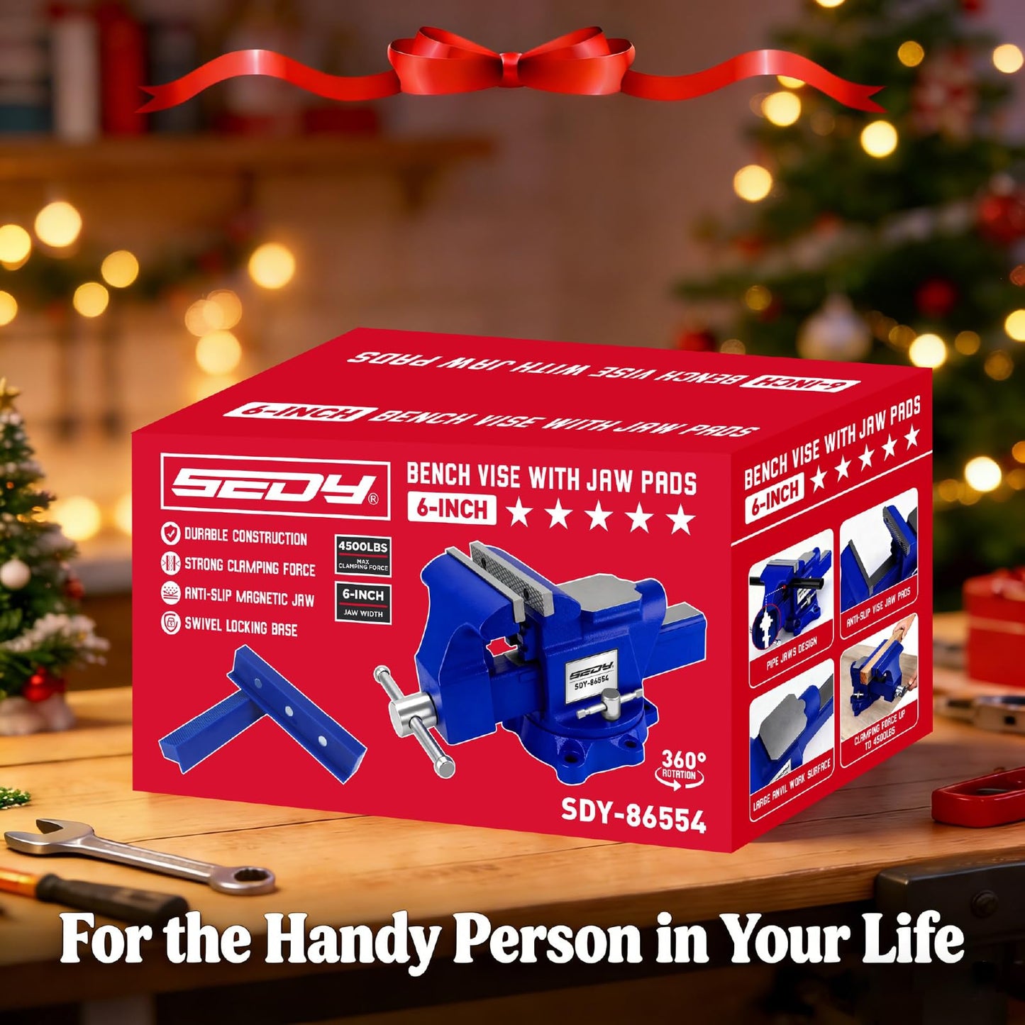 6-Inch Bench Vise with Jaw Pads, Heavy Duty Workbench Vise with Anvil, 360° Swivel Locking Base, 4500 lbs Clamping Force Bench Vice for Woodworking, Drilling, Pipe Cutting