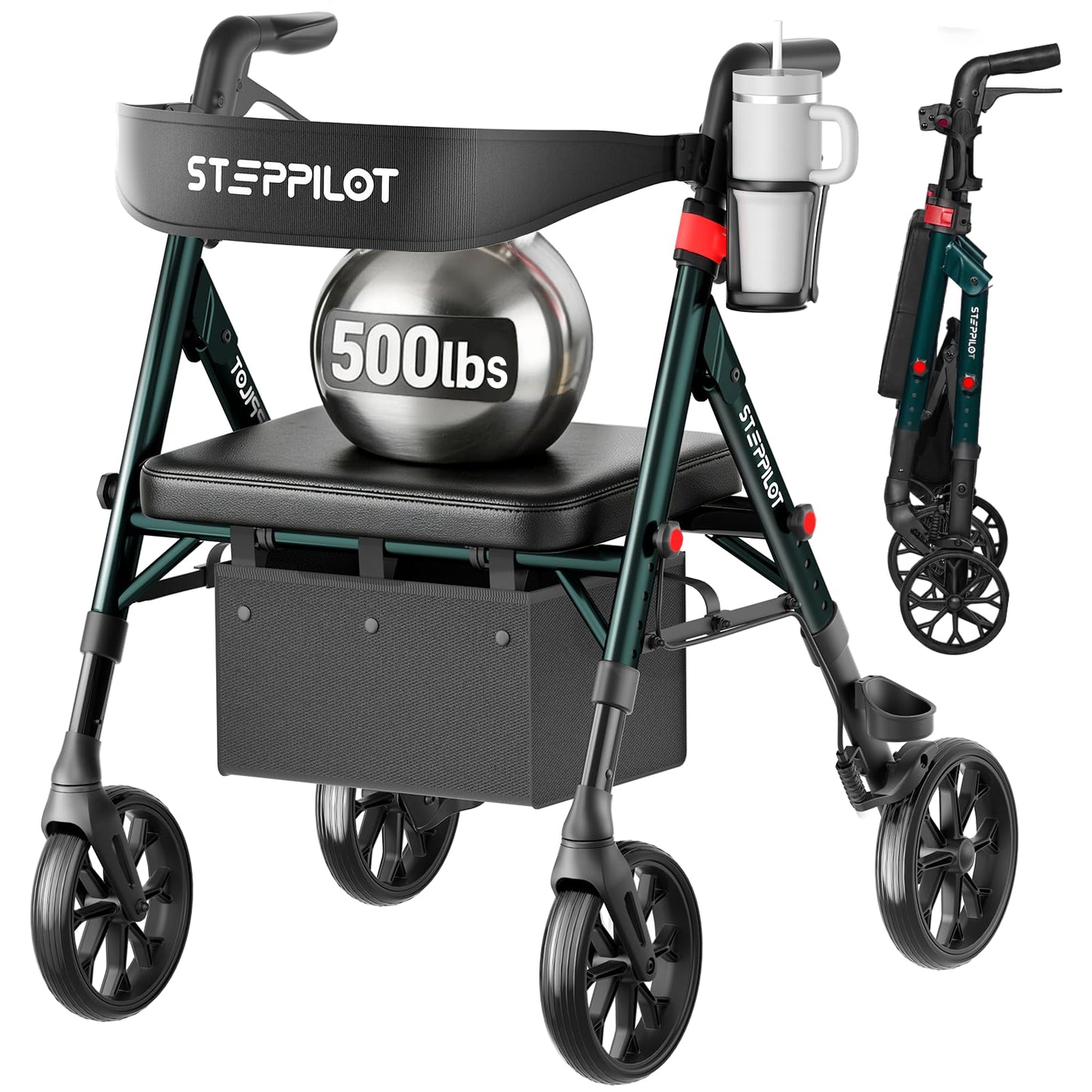StepPilot Bariatric Rollator Walker with Seat for Seniors, 500lb Capacity Aluminum Frame, Zero Wobble, 16lb Lightweight, 8" All Terrain Wheels, 10-Level Adjustable Handle/Seat, Cup Holder, Cane Clip