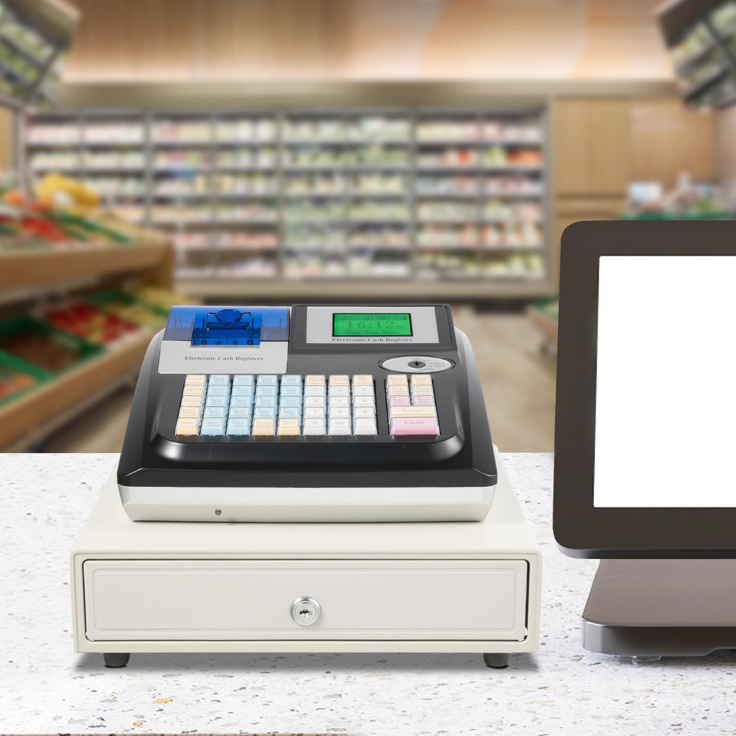 Electronic Cash Register Commercial Cash-Register with Thermal Print Head and 8-Digit LED Customer Screen 48 Keys Keyboard and Cash Drawer Register for Shops, Supermarkets, Restaurants (Black)
